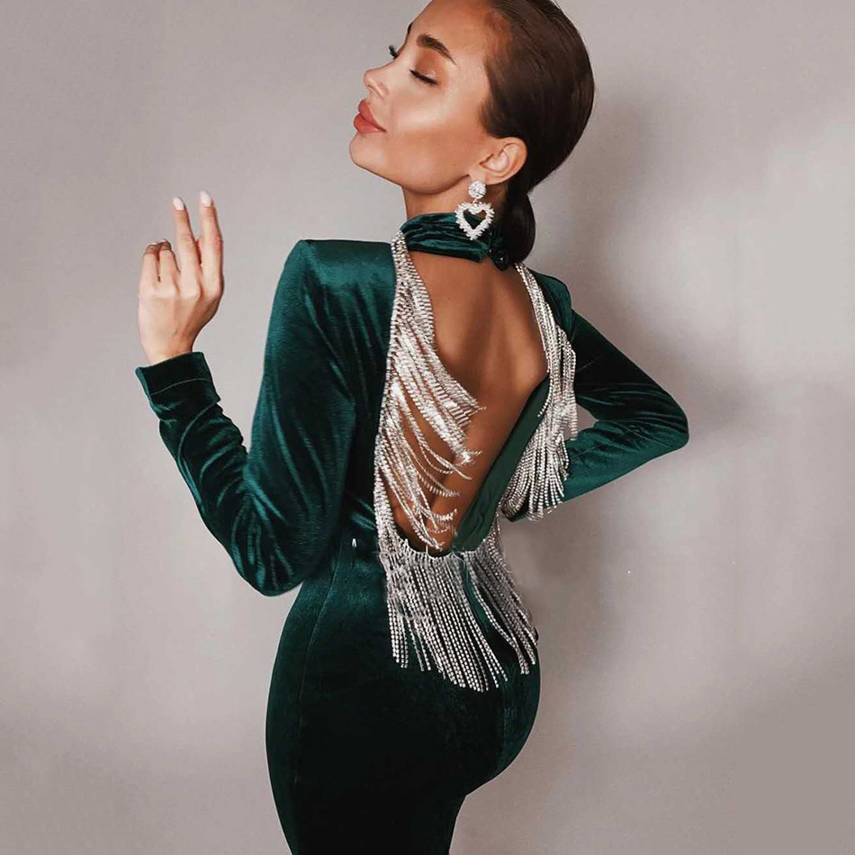 Women's Summer Dress Sexy Green Velvet Backless Long Sleeve Tassel Mini Evening Runway Club Party Ladies Dresses 210423
