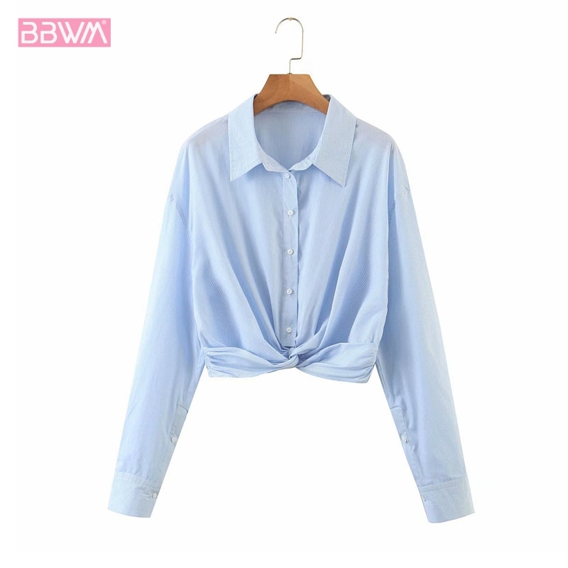 Lapel Long-sleeved Single-breasted Blue Summer Short Exposed Navel Women's Shirt Loose Thin Leisure Vacation Chic Female Tops 210507
