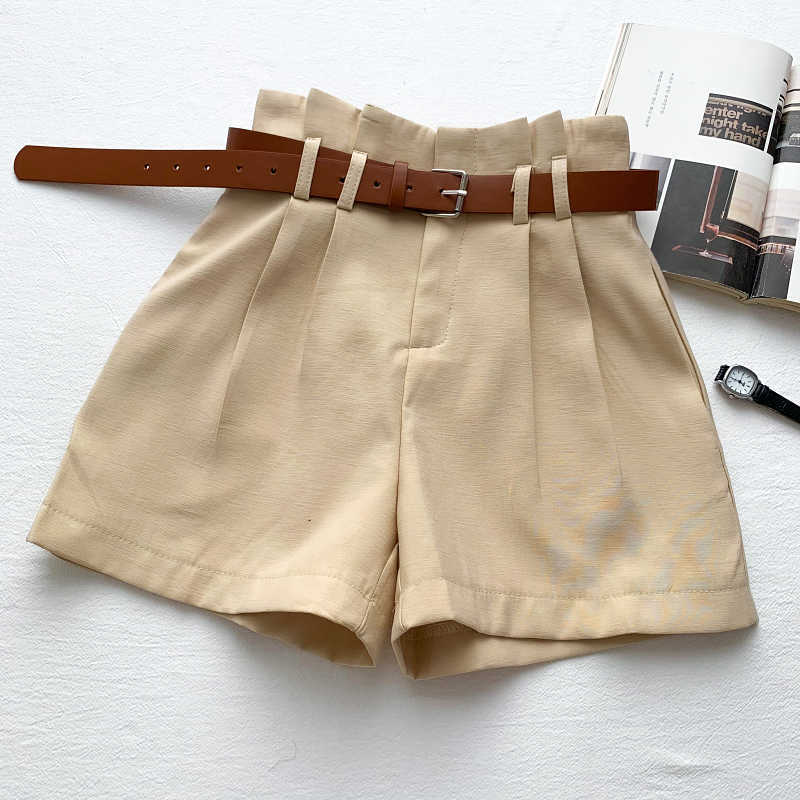 Summer Elegant Shorts Women Korean Belt High Waist Short Fashion Solid Wide Leg Bottoms Mujer 6G187 210603