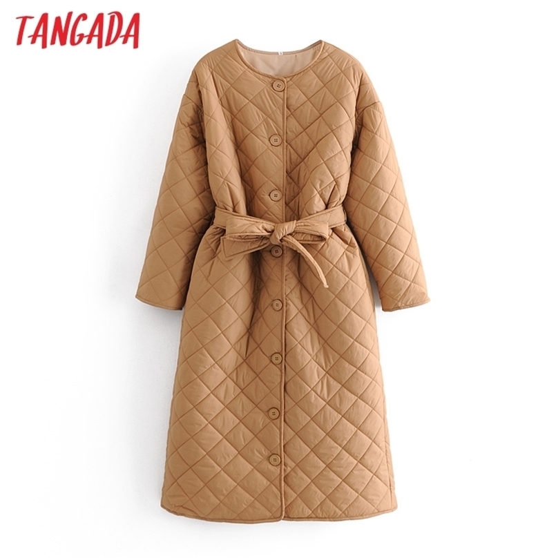 Tangada Women Khaki Oversize Thin Long Parkas With Belt Autumn Sleeve Buttons Pockets Female Warm Coat QN29 211013