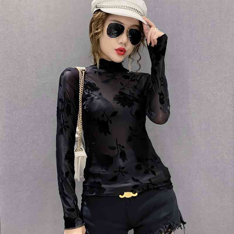 Autumn Fashion Lady Sexy Transparent Pullovers Women Bodycone Mesh Shirts Femme Velour T Shirt Tops 210406