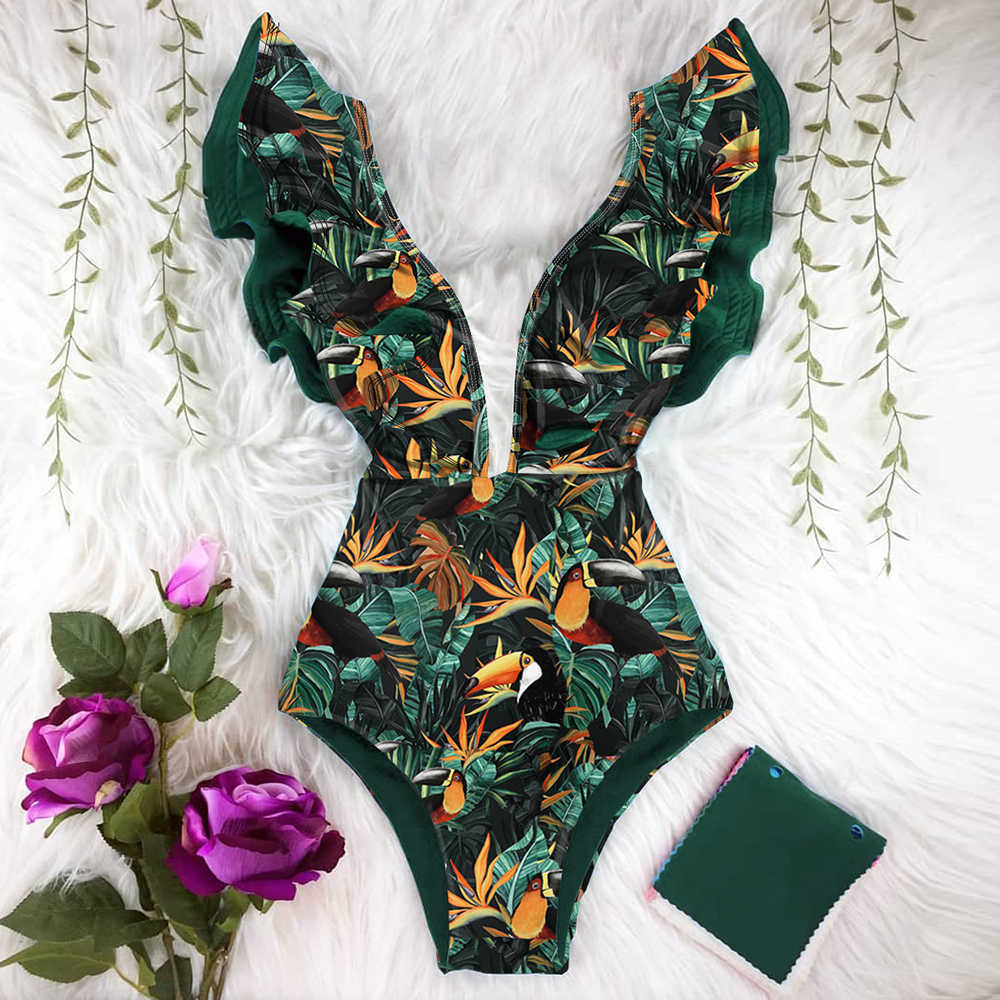Sexy Ruffle Print Floral Swimsuit Off The Shoulder Swimwear Women Solid Deep-V Beachwear Bathing Suit Monkini 210702