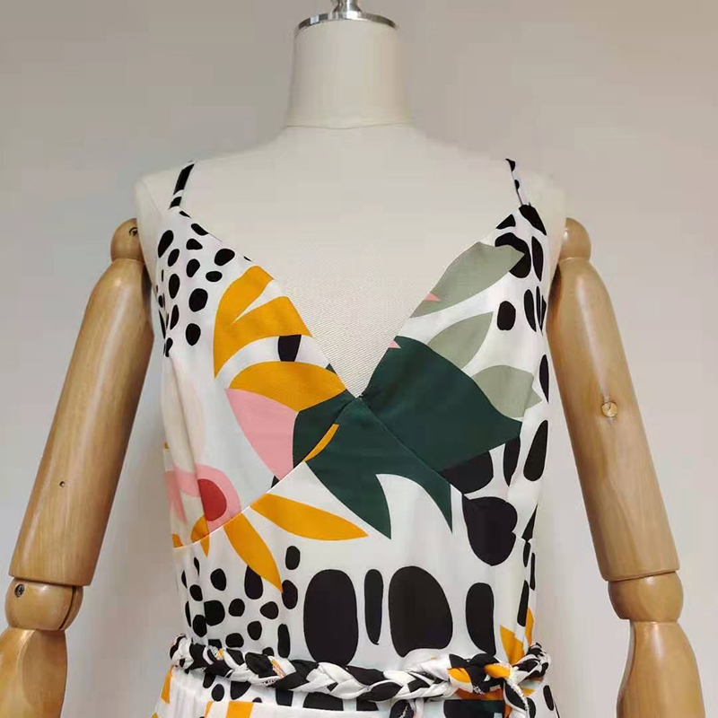 VGH Print Sling Dress For Women V Neck Sleeveless High Waist sashes slim Hit Color Summer Casual Dresses Female Fashion 210421