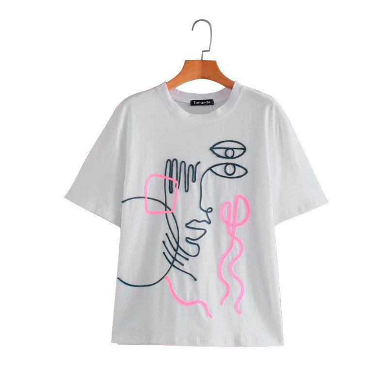 Women Embroidery Cotton T Short Sleeve O Neck Tees Ladies Casual Tee Shirt Street Wear Top 4Y2 210416