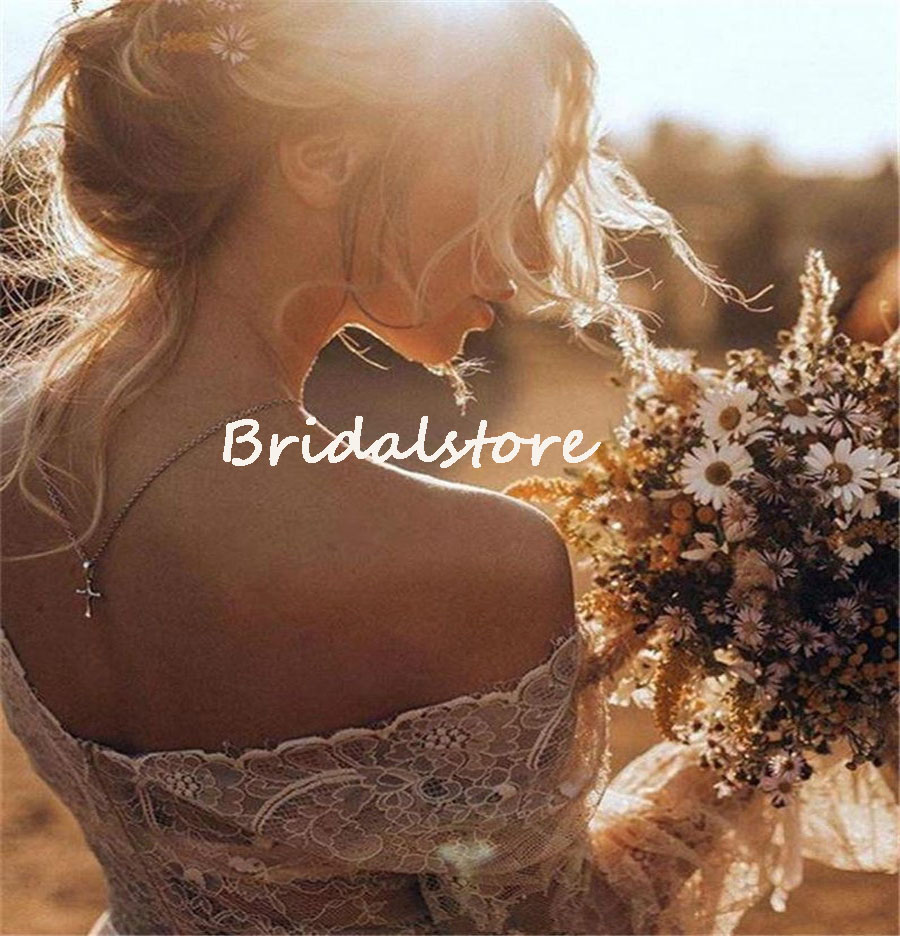 Lace Boho Champagne Wedding Dress 2022 With Long Sleeve Sexy A Line Tulle Country Wedding Gowns Elegant Flowy Robe de Mariage New Arrival Cowgirls Bri