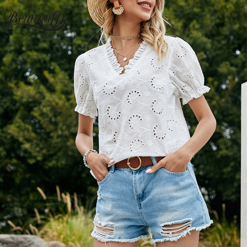 V-neck Frill Trim Hollow Out White Blouse Women Summer Short Sleeve Fashion Elegant Ladies Tops and Blouses 210510