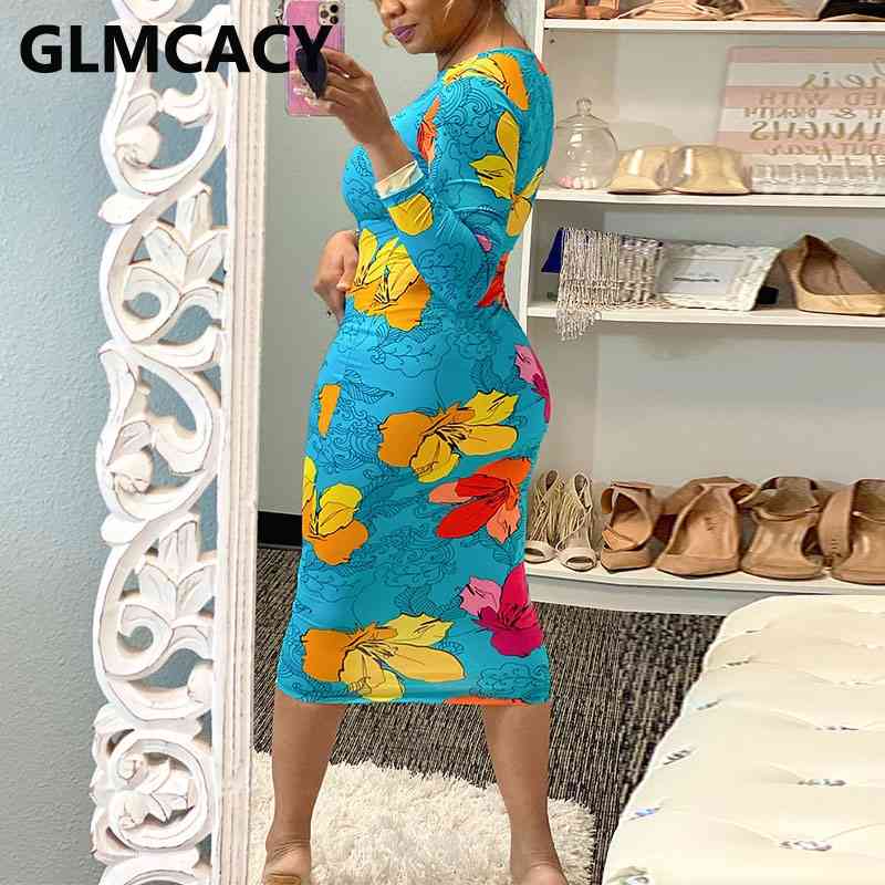Women Floral Printed Bodycon Dress Long Sleeve Elegant Evening Party Midi Dress 210630