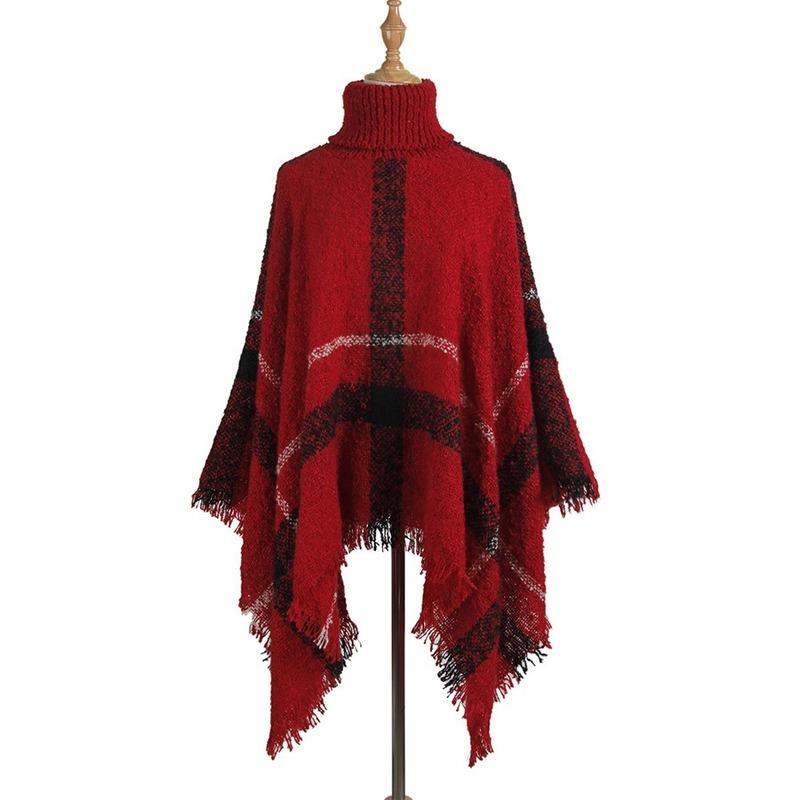 Womens Sweaters Poncho Sweater Women Fringed Stripe Knit Pullover Cape Coat High Collar Vintage Shawl Scarf Panchos Female Winter