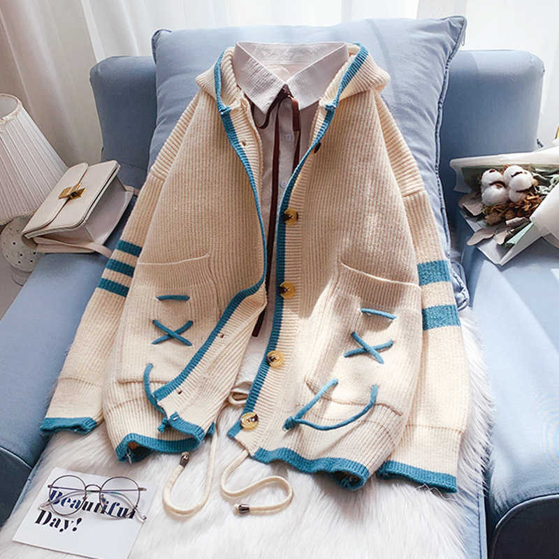 H.SA Autumn Winter Women Hooded Cardigan Warm Knitted Sweater Jacket Pocket Knit Cardigans Coat Lady Loose Sweaters Casual Tops 210716