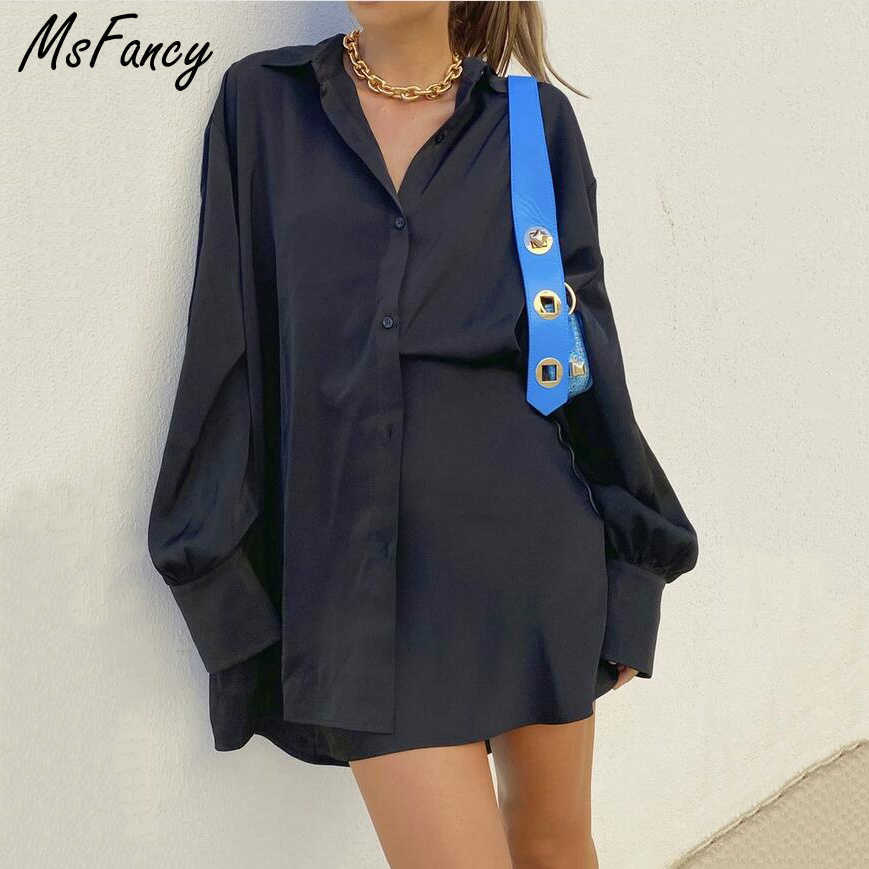 Msfancy Summer 2 Pieces Skirt Set Women Satin Long Sleeve Loose Shirt A-line Mini Skirt Elegant Conjuntos De Vestido 210825