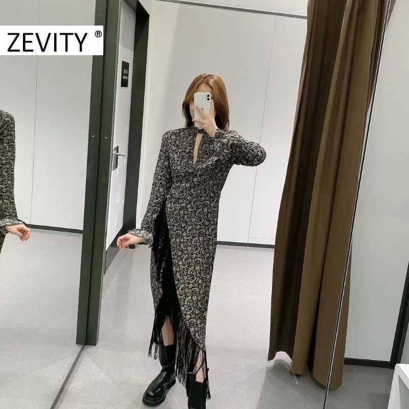 Zevity Autumn Women Vintage Cashew Nuts Print Hem Tassel Asymmetrical Dress Ladies Chic Sexy Hole Slim Party Vestido DS4546 210603