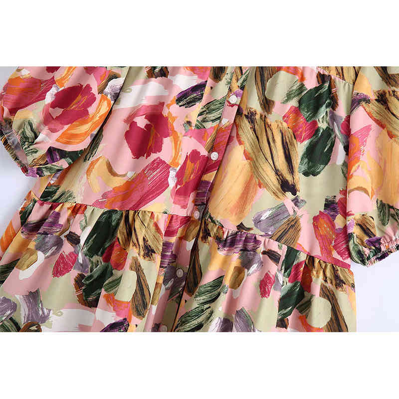 Summer Women Printed Dress Buttoned Pleated Shirt Style Short Chic Lady Fashion Casual Clothes 210517