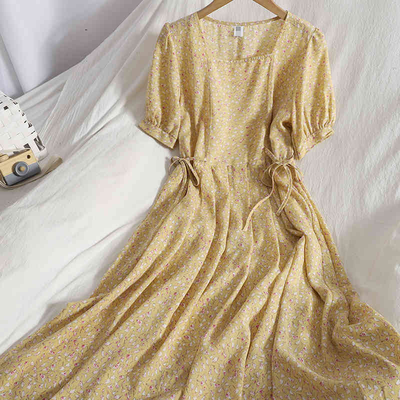 Fresh Sweet Korean Chic Slim Lace Up Elastic Waist Square Neck Puff Short Sleeve Chiffon Floral Print Dress Women Summer Gentle 210429