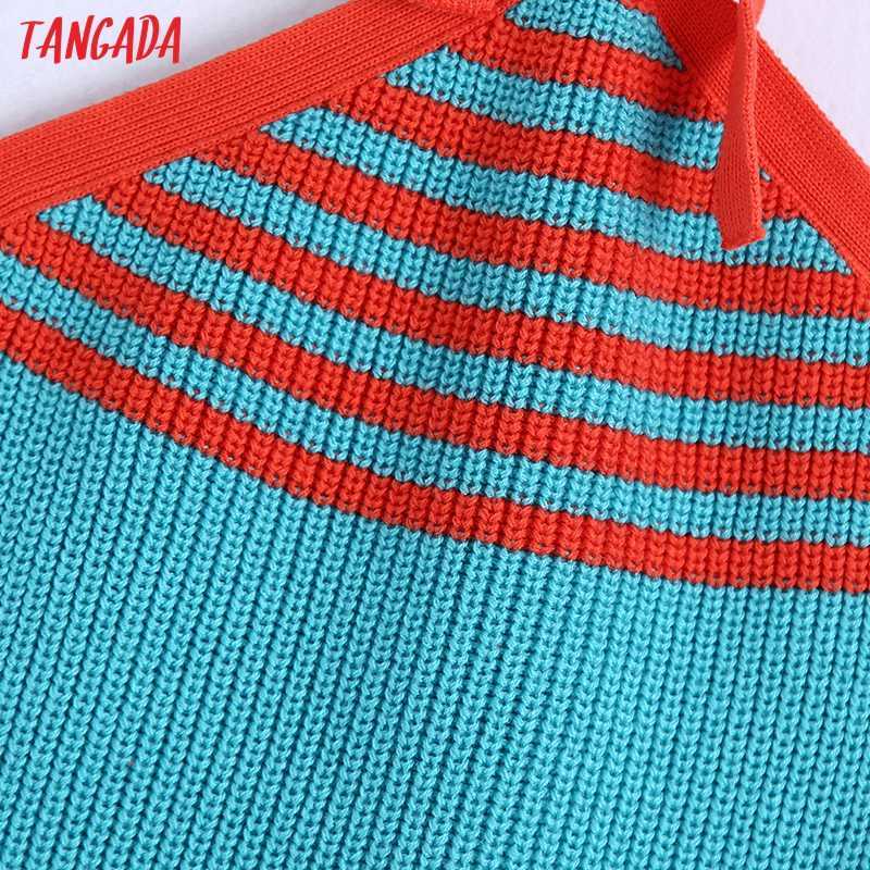 Tangada Women Striped Patterh Hatler Cropped Tanks Top Sleeveless Backless Female Knit Tops BE954 210609