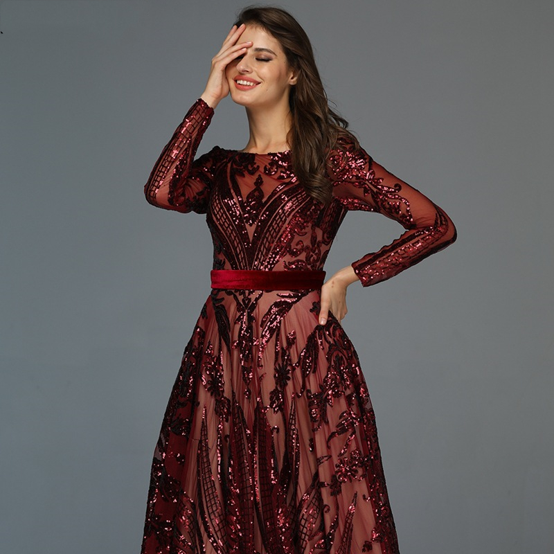 Bury Glitter Sequined Evening Dresses A Line Arabic Dubai Moroccan Kaftan Women Formal Party Gowns Long Sleeves Prom Dress Special Ocn