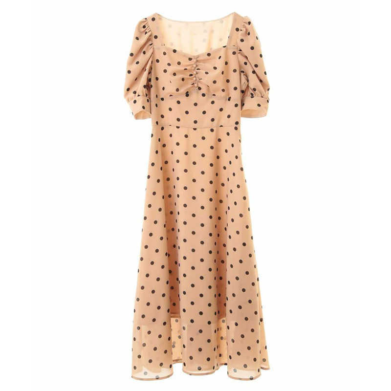 Japanese Style Kawaii Polka Dot Print Elegant Square Collar Puff Short Sleeve Female Robe Summer Slim Dresse 210525
