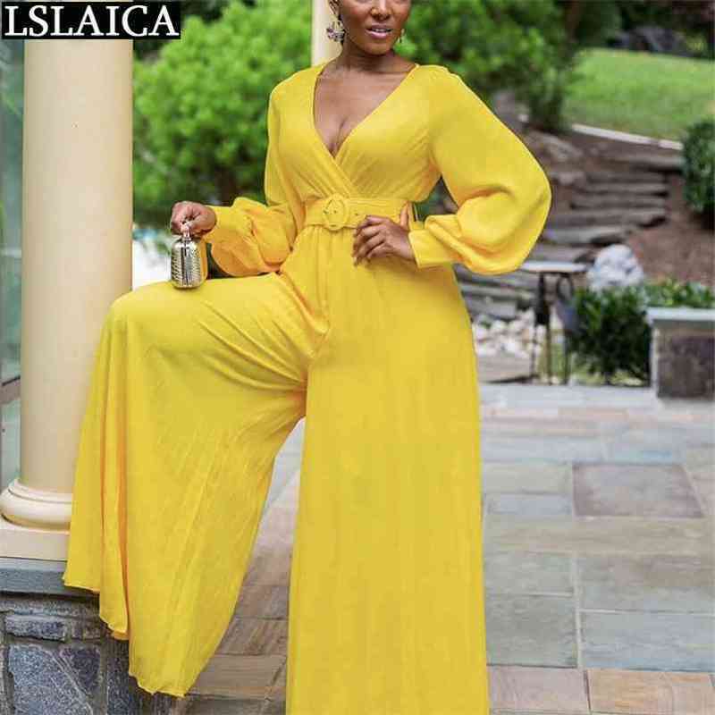 Overalls for Women Long Sleeve Belt Formal Party Fashion Solid Color Deep V Neck Loose Elegant Jumpsuit 210515
