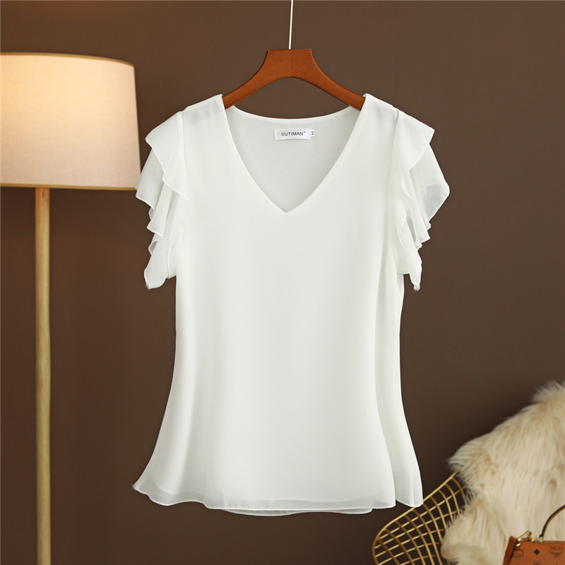 Chiffon Blouses Women Solid Ruffles V Neck Blusas Mujer All Match Casual Summer Tops M-6XL Shirts 16982 210415