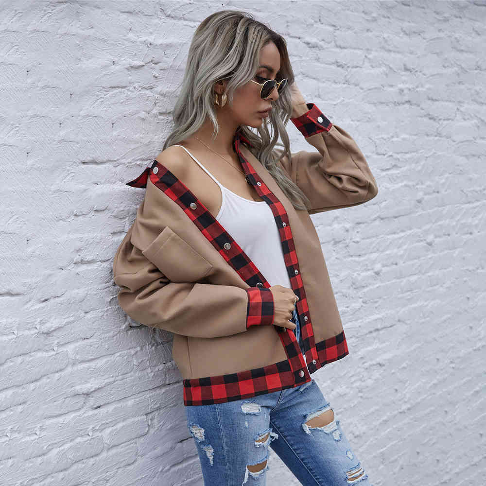 Jacket Black Casual Ladies Plaid Checkered Patchwork Buttons Autumn Winter Clothes Coat Women Outerwear New Fall Fashion 210415