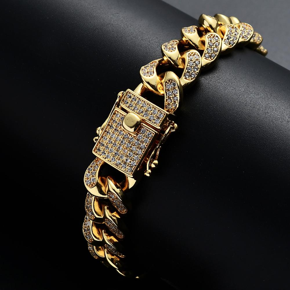 New Fashion Iced Out CZ Miami Cuban Link Chain Bracelet 18K Real Gold Hip hop Jewelry for Men Pulseira Cubic Zirconia Curb Wristband Bijoux punk Rock 
