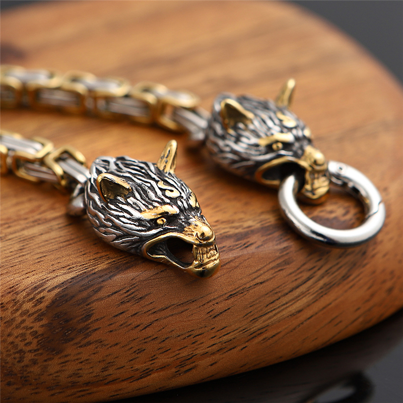 Norse Viking Wolf Head Bracelet Men Never Fade Stainless Steel Gold Square King Chain Bangles Street Culture Accessories Jewelry