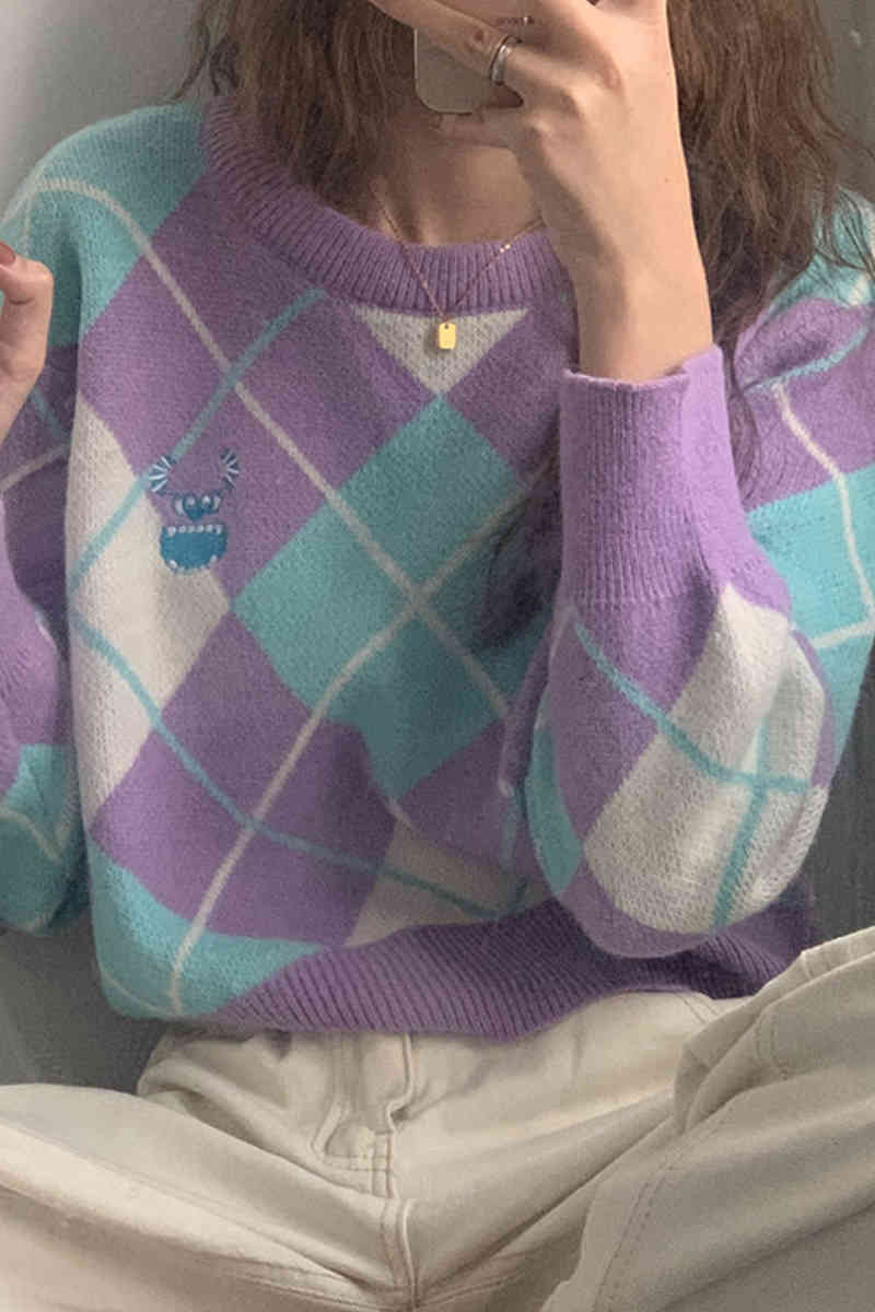 Women Cute Plaid Sweater Winter Autumn Korean Chic Knitting Jumper Female Pullover Casual Streetwear Sueter Mujer 210519