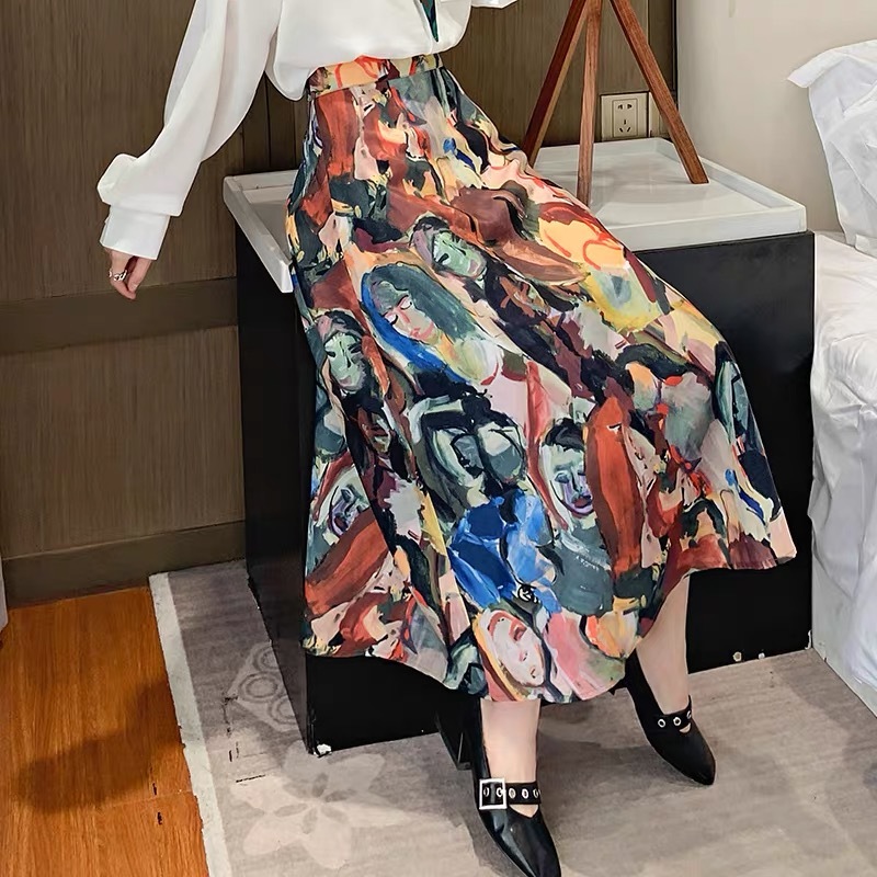 Vintage Painting Print Long Skirts Womens Impressionism High Waist A Line Ladies Midi Sping Summer Clothing 210421