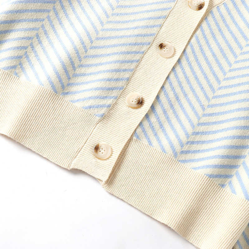 WOTWOY Single Breasted Stripe Cropped Cardigan Women Botton Up Cotton Sweaters Autumn Winter Casual Knitwear Female V-Neck 210914