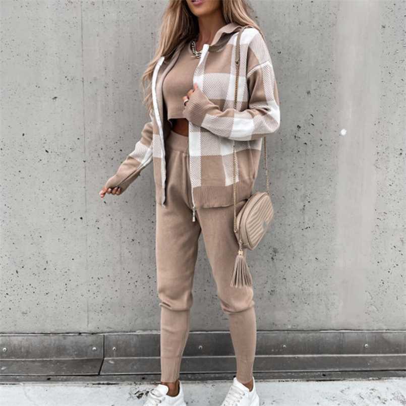 Women Fashion Three Piece Suits Elegant Tank+Plaid Pattern Hooded Sweatshirt+Pencil Pants Sets Casual Long Sleeve Sports Outfit 211109, Camel
Women Fashion Three Piece Suits Elegant Tank+Plaid Pattern Hooded Sweatshirt+Pencil Pants Sets Casual Long Sleeve Sports Outfit 211109, Camel