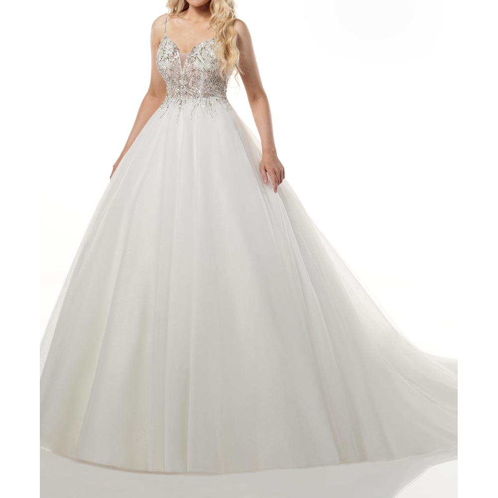 Glittering Sequin Embroidered Tulle Wedding Dress with a Plunging Sweetheart neckline Backless Bridal Gowns Sheer Bodice