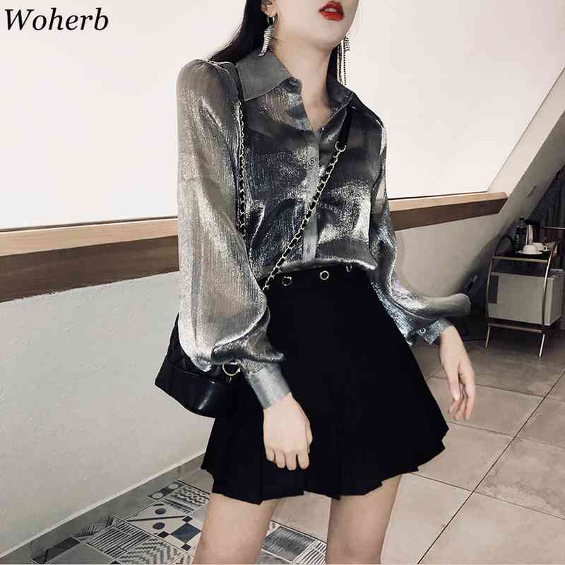 Long Lantern Sleeve Shirt Women Elegant Sexy See Through Blouse Korean Chic All-match Tops Vintage Blusas Mujer 210519