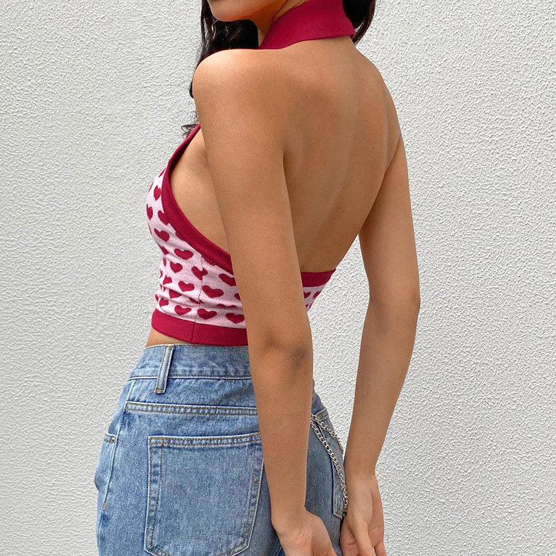 Beauty Knitted Vest Women's Breasted Lapel Love Halter Female Bottoming Top Fashion Vintage 210514