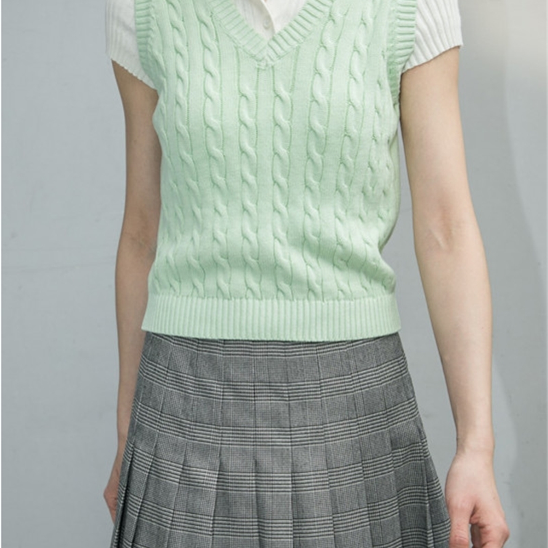 Women Sweater Cable Vest Classic Cable-Knit V-neck 210512