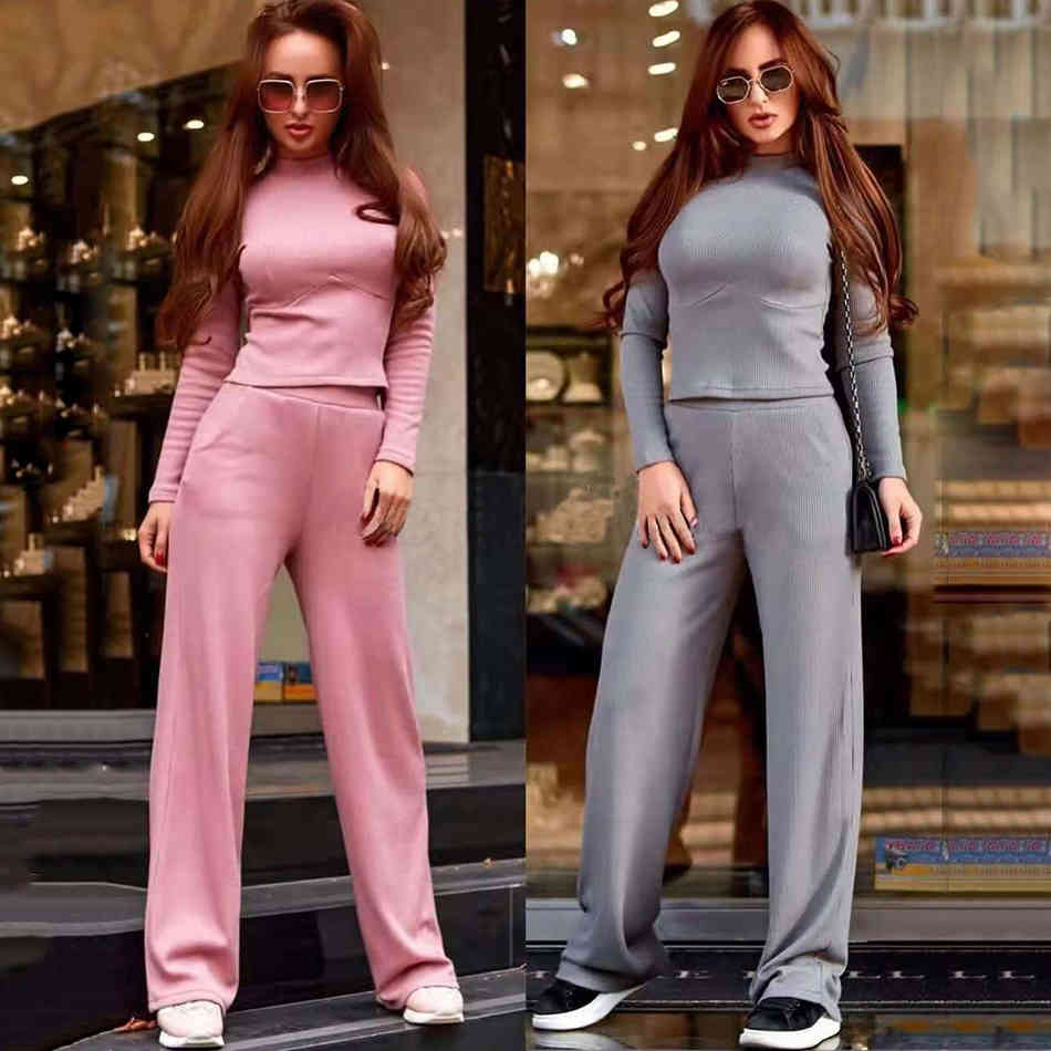 Free Women's Knitted Sweater Set Stand Collar Long Sleeve Short Pullover & Straight Pants Casual Two-piece 210524