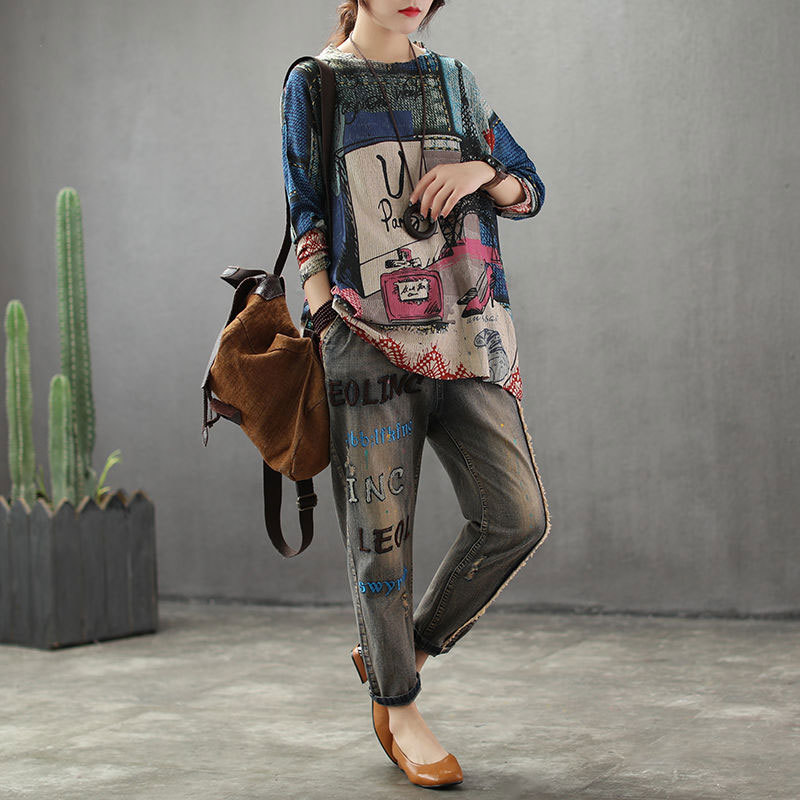 Arrival Spring Fashion Women Jeans Elastic Waist Loose Denim Harem Pants Ladies Ripped Vintage Embroidery letter D108 210512