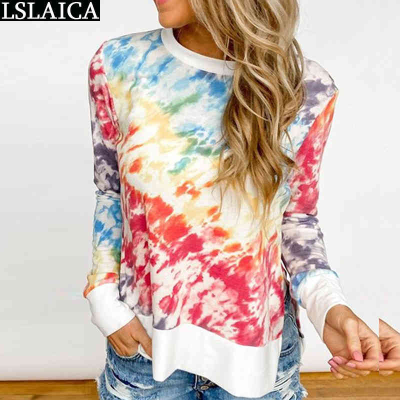 Woman Tshirts Tie Dye Print Vintage Long Sleeve O Shirts For Women Plus Size 5xl Fashion Tops T Shirt Casual Loose 210520