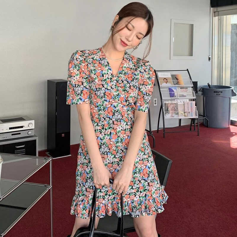 Korejpaa Women Dress Korean Chic Temperament Elegant Violet Shredded Flower V-neck Waist Bag Hip Lotus Leaf Side Vestido 210526