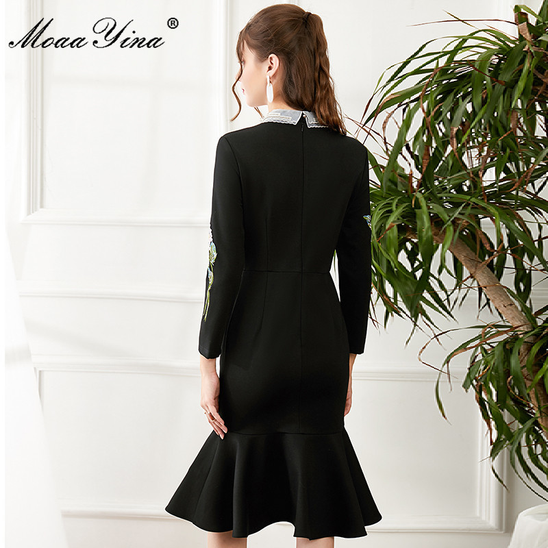 Spring Women Dress Beaded turn-down collar Rose Embroidery drilling Black Slim Package hip Elegant Mermaid Dresses 210524