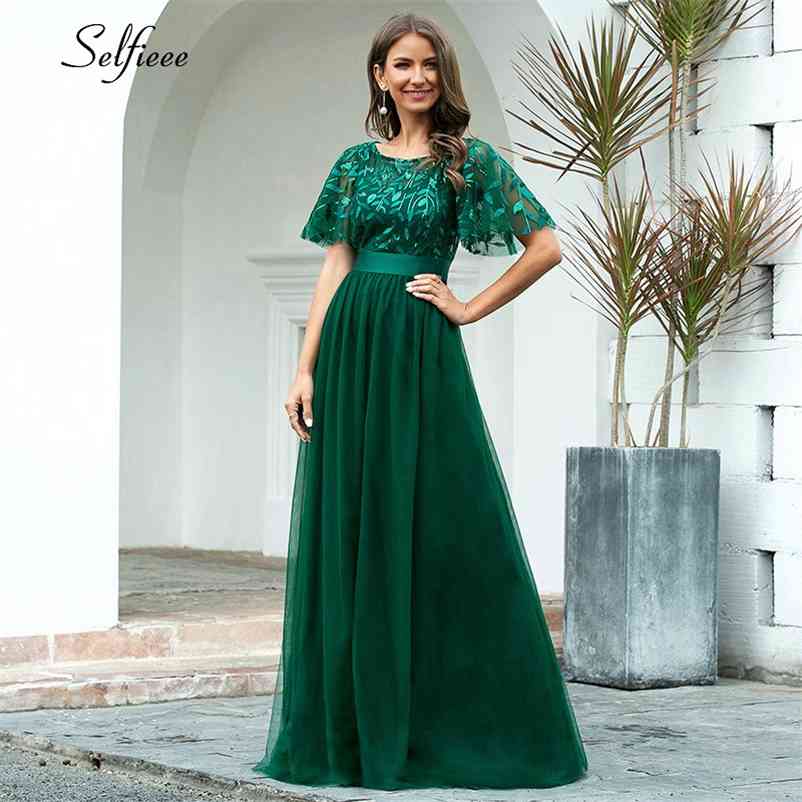 New Decoration Dress Women Elegant A-Line O-Neck Flare Sleeve Sequined Long Formal Party Dresses For Women Plus Size X-9XL 210409
