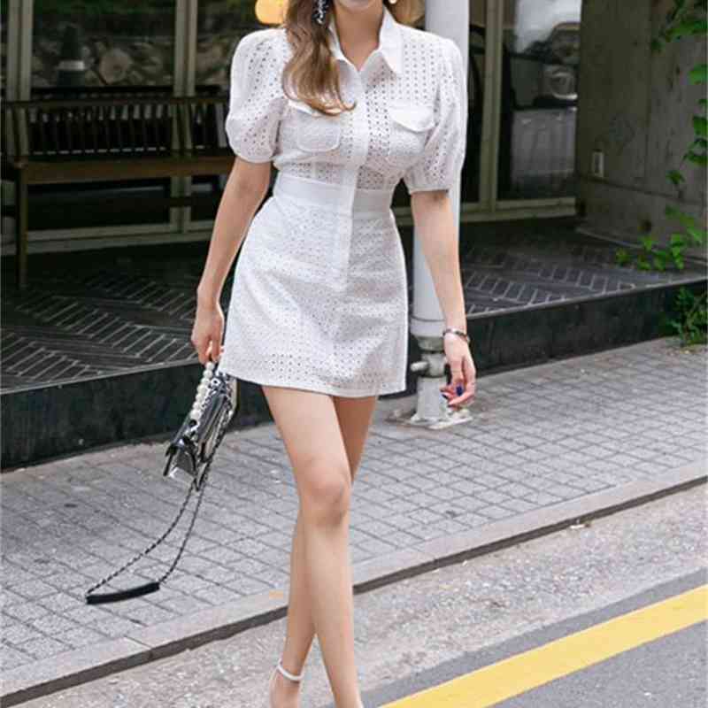 Summer Puff Sleeve Hollow Out High Waist Solid Mini Bodycon White Shirt Women Office Lady Dress 210519
