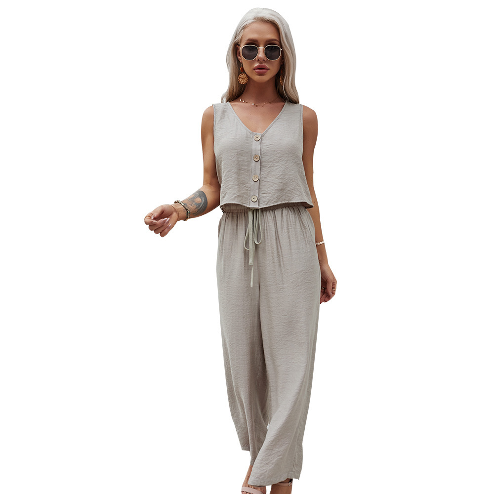 Fashion suit jacket short waistcoat Sleeveless top with long pants set Casual Button V-Neck tank tops 2 piece women summer 210508