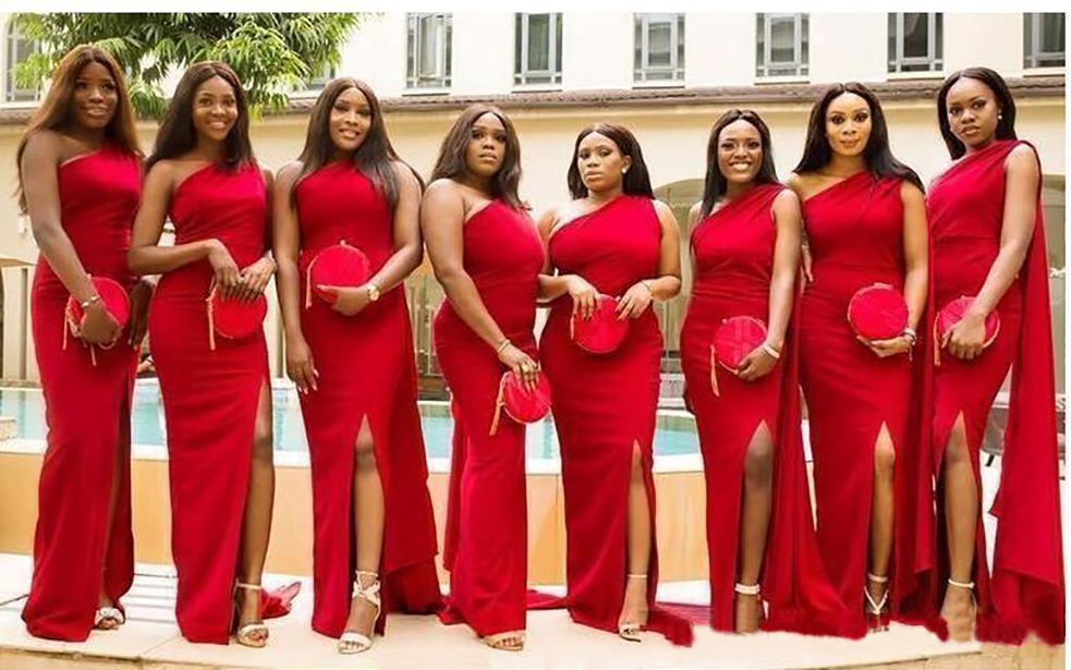2021 Elegant Arabic Red Mermaid Bridesmaid Dresses One Shoulder Side Split Floor Length Long Wedding Guest Dress Formal Maid of Honor Gowns 0509