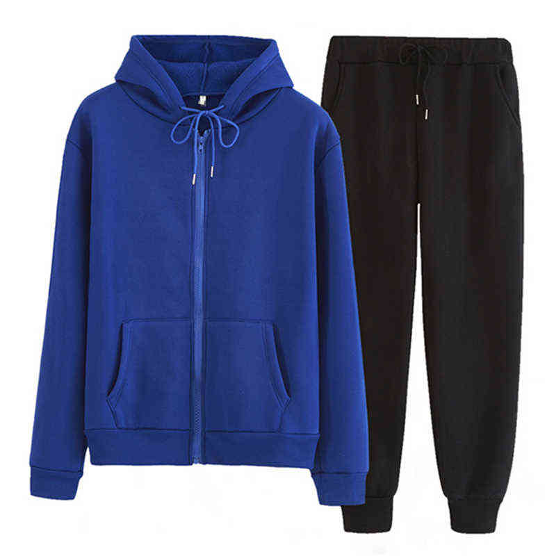 Women Tracksuit Men 2 Pieces Set Autumn Winter Hooded Sweatshirt+Pants Solid Color Zipper Hooded with Pockets Sportswear Outfits 211116