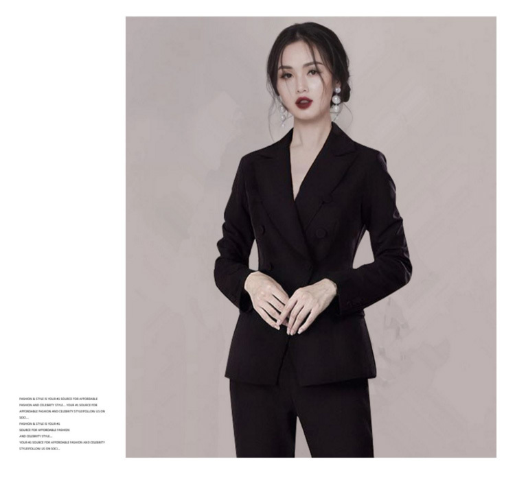 Fashion Business Pant 2 Two Pieces Office Formal Double Breasted Jacket and OL Long Pant Black Blazer Set Women Suits 210518