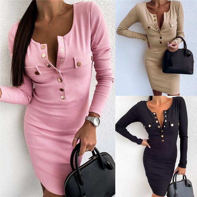 Women Ladies Buttons Solid Color Bandage Bodycon Mini Dress Sexy Stretch Vestidos Long Sleeve Pencil Party Club Clothing Outfits Casual Dres