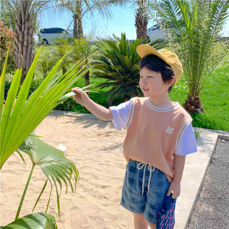 Korean style boys fashion plaid loose denim knee length pants 2-7 years kids casual all-match jeans 210508