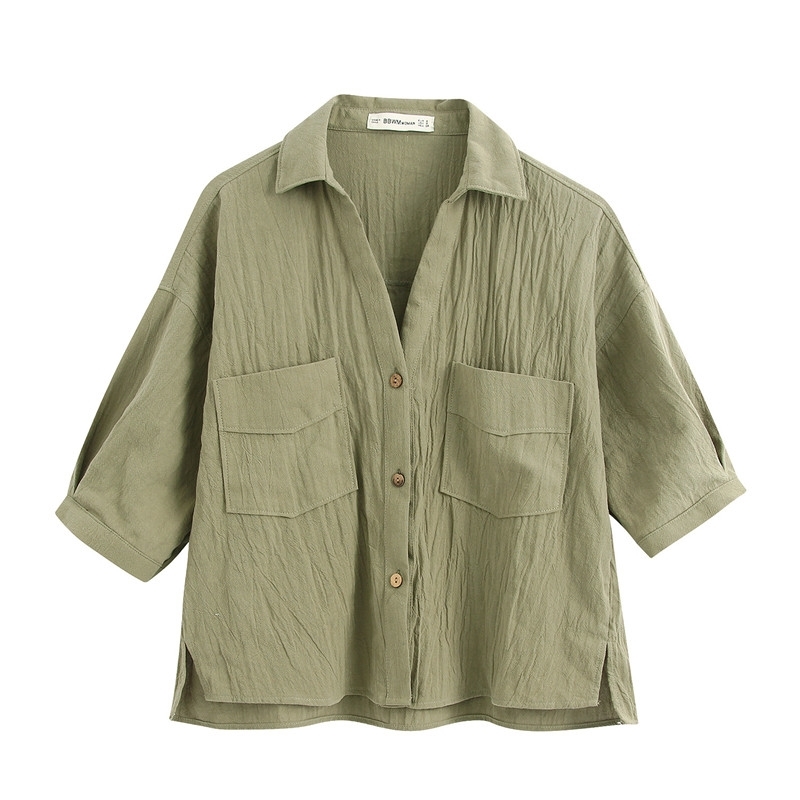 Fashion Spring Pockets Loose Linen Blouses Vintage Short Sleeve Side Vents Female Shirts Chic Tops Women 210508