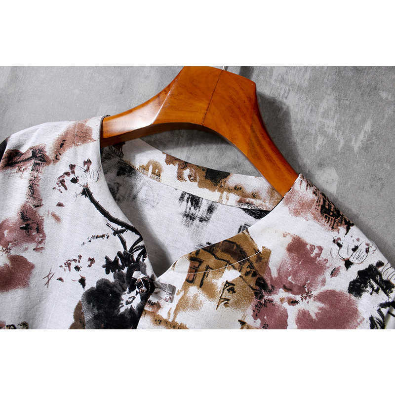 LIFENWENNA Fashion Buckle V Neck Short Sleeve T Shirt Men Summer Casual Flower Print Cotton Linen Men's Hip Hop Top Tees 5XL 210528