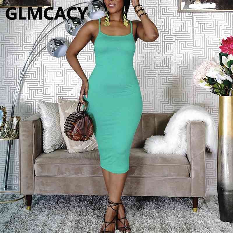 Spaghetti Strap Casual Solid Slim Midi Dress 210702