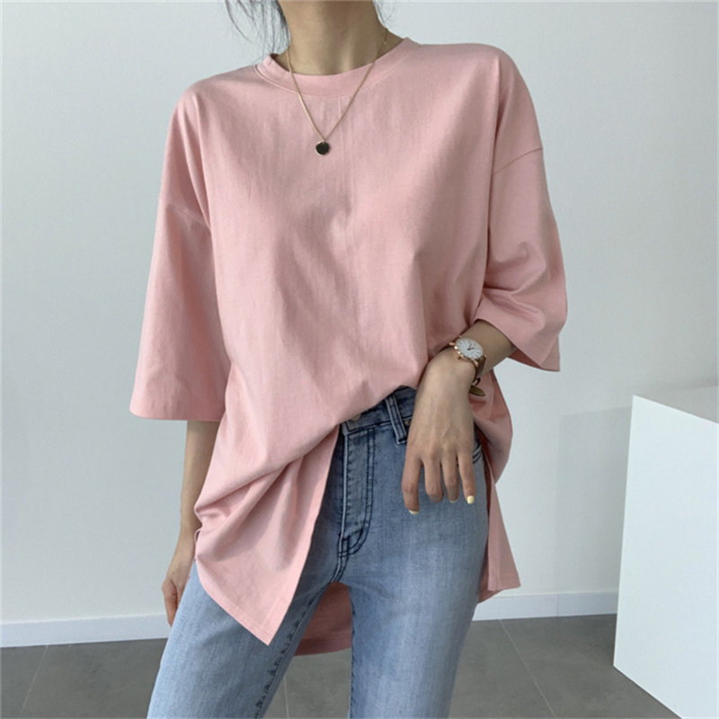 Loose Oversize Solid Casual Basic Korea Brief Minimalist Split Fashion Women Arrival Shirt Tops T-shirt 210421